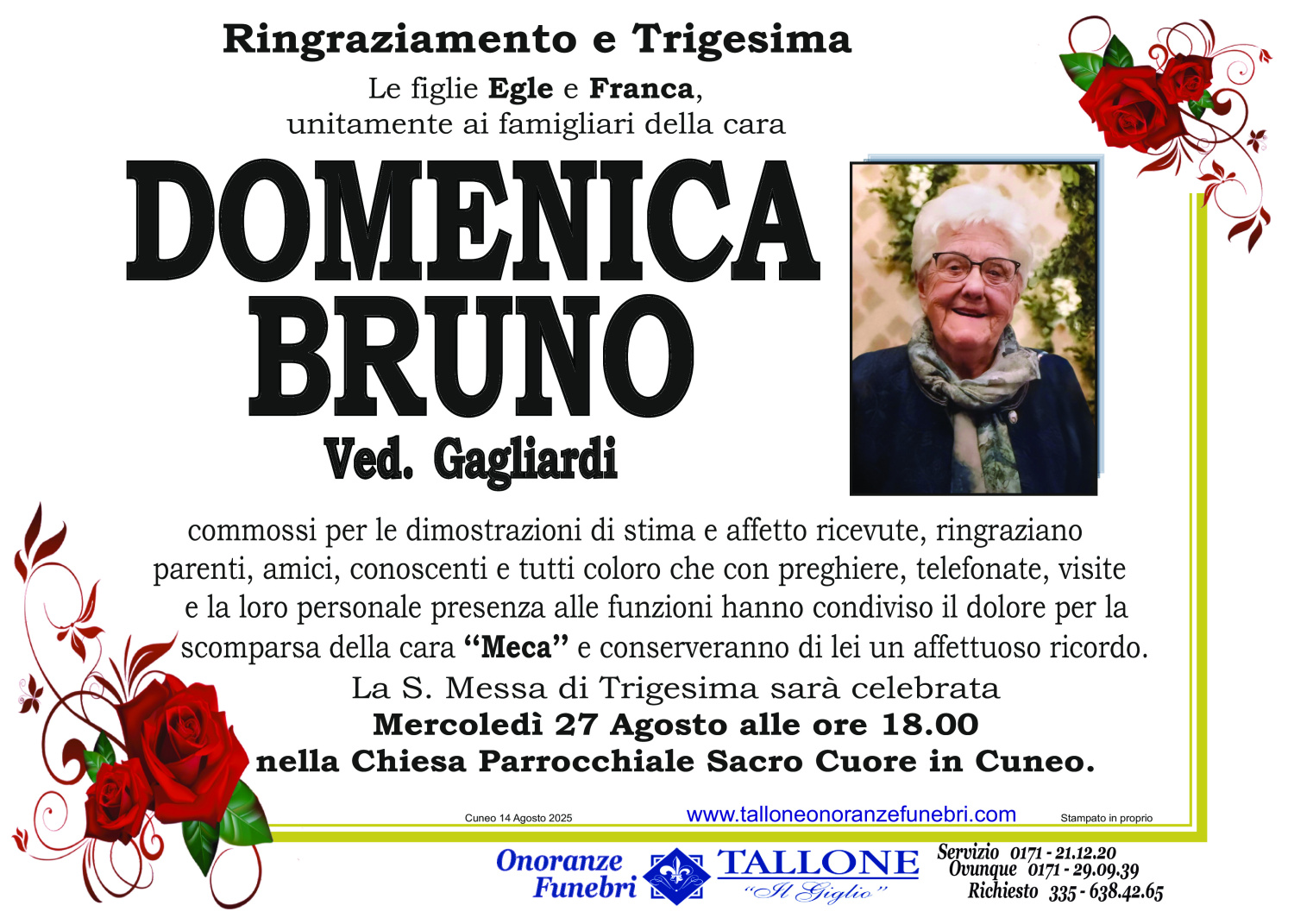 <br />
<b>Warning</b>:  Undefined variable $info in <b>/home/tallone/public_html/ringraziamenti.php</b> on line <b>68</b><br />
Domenica Bruno